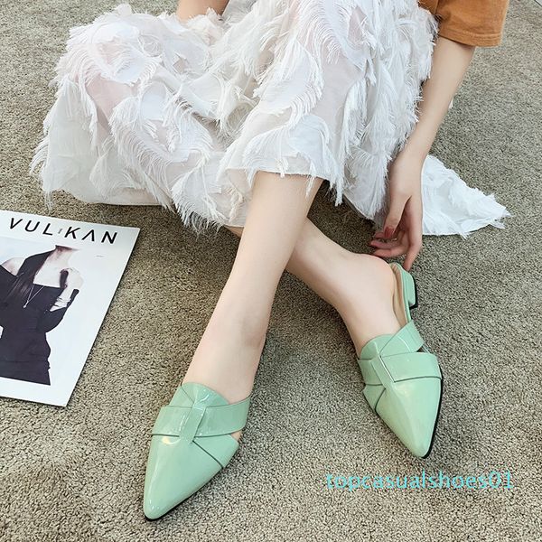

patent leather low heel mules shoes women pointed toe slippers summer outdoor fashion closed toe slippers sandals 2020 t01, Black