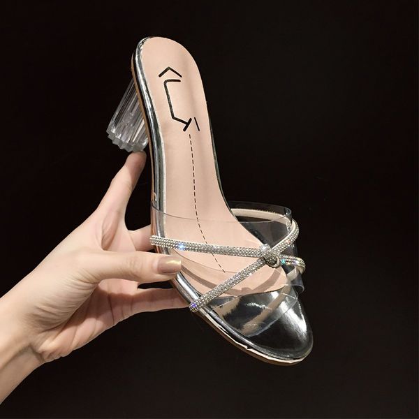 

square heel transparent slippers women luxury shoes pantofle slides jelly flip flops heeled mules block designer 2020 soft, Black