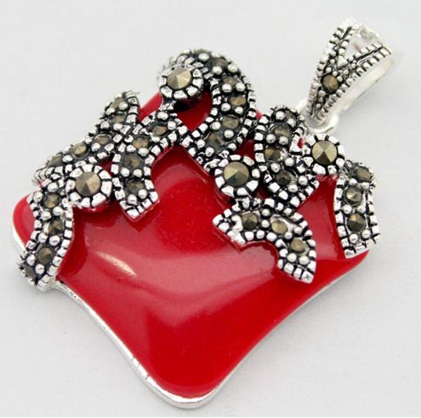 

925 sterling silver & marcasite inlay natural imitation red coral pendant 20*20mm
