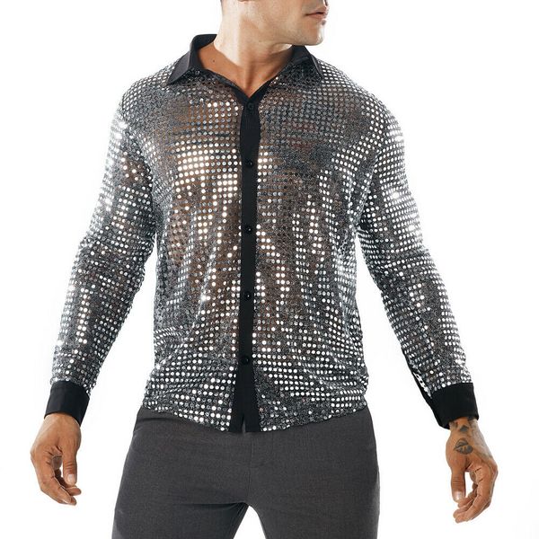 

men luxury tee shirt tights dot scales nightclub lapel long sleeve fitness shirts black gold silver, White;black