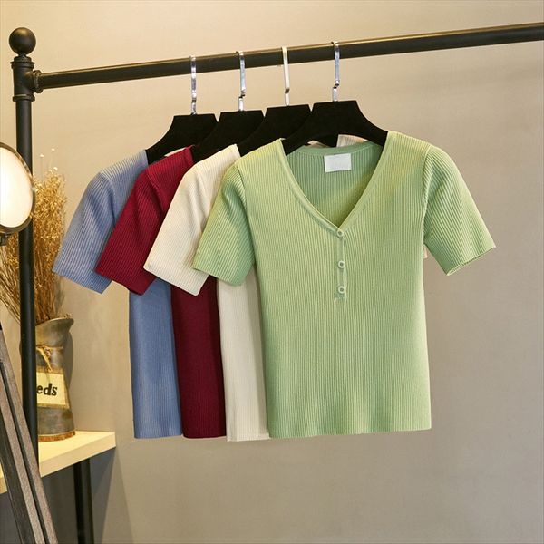 

v-neck knitted women's slim stretch short ice silk green short-sleeved t-shirt clavicle summer 2020 shirt, White