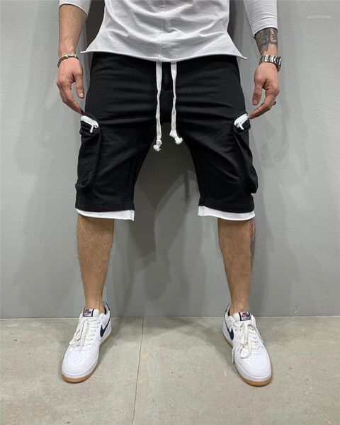 

mens shorts patchwork solid color homme short pants mid waist cargo drawstring male clothing hiphop designer, White;black