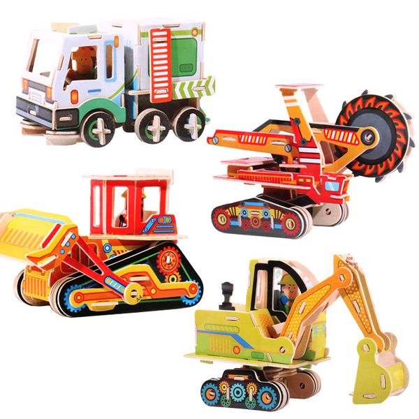 Giocattoli modello auto in legno, fai da te Cartoon 3 D Jigsaw Escavatore, Bulldozer, Machineshop Trucks, per bambini Regali per feste di compleanno, Collezioni, Decorazione