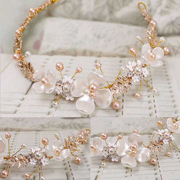 

women elegant wedding bridal flower pearl tiaras headband hair clip decoration hair accessories fashion jewelry decoration 2020, Golden;white
