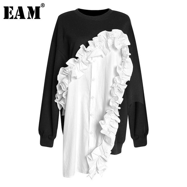 

eam]2020 new autumn winter round neck long sleeve black hit color ruffles split joint loose sweatshirt women fashion tide jl052