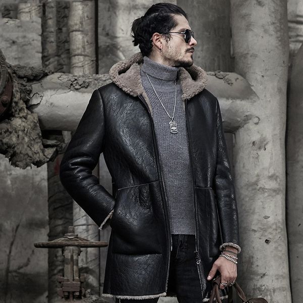 

hooded sheepskin shearling jacket long style handsome motorcycle jacket b3 b7 with fur, Black