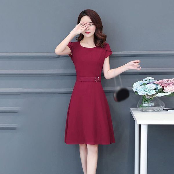 

women dress ladies office summer round neck casual fashion short sleeve, Black;gray