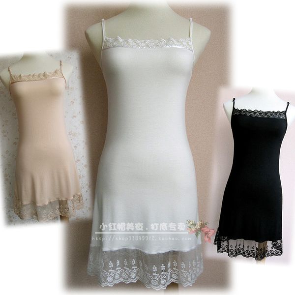

lace decoration modal cotton spaghetti strap basic modal ultra elastic full slip black white slite neck petticoat, Black;red