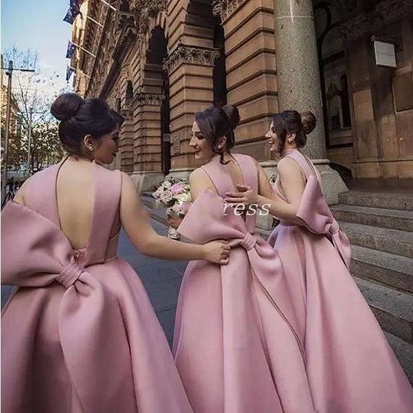 

ankle length bridesmaid dresses big bow satin garden country chapel wedding guest gowns maid of honor dress robes de demoiselle d'honne, White;pink