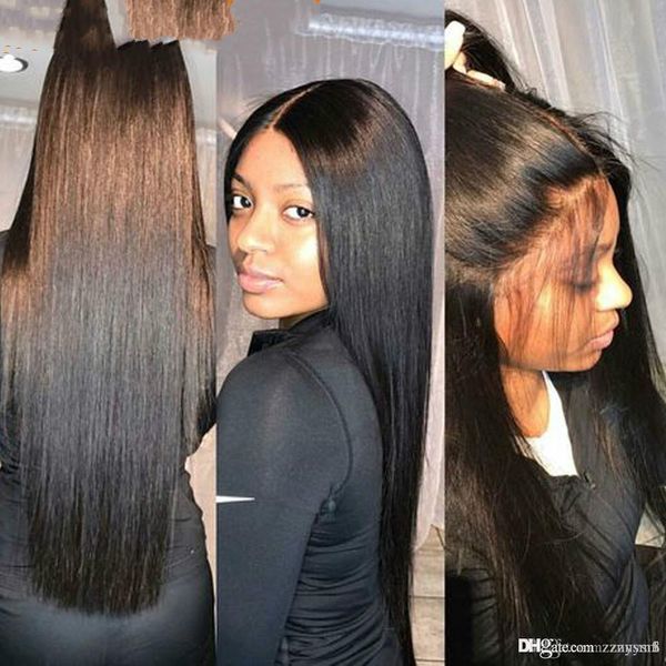 

allrun brazilian front hair wigs with full end straight front wigs 4*4 closure bleached knots non remy+wig net, Black