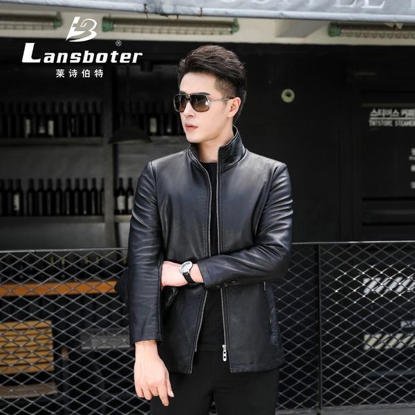 

lansboter men's wear spring and autumn new products men's leather coat slim fit stand collar casual mid-length locomotive, Black