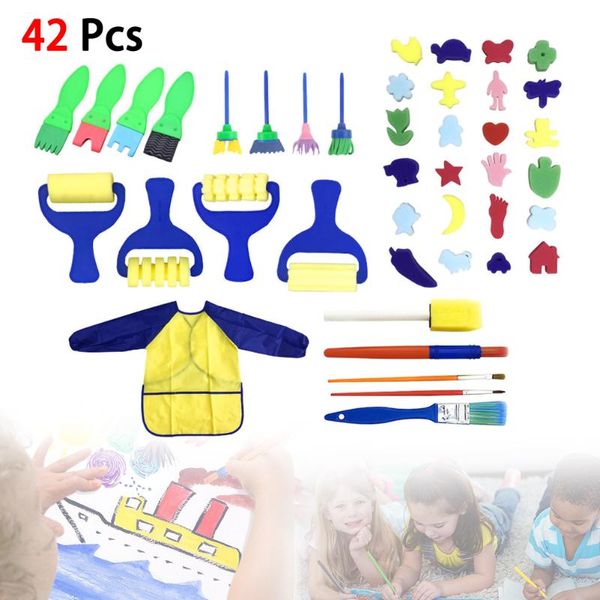 

42pcs kid's painting tool set kindergarten creative graffiti puzzle sponge brush diy supplies with long sleeve waterproof apron