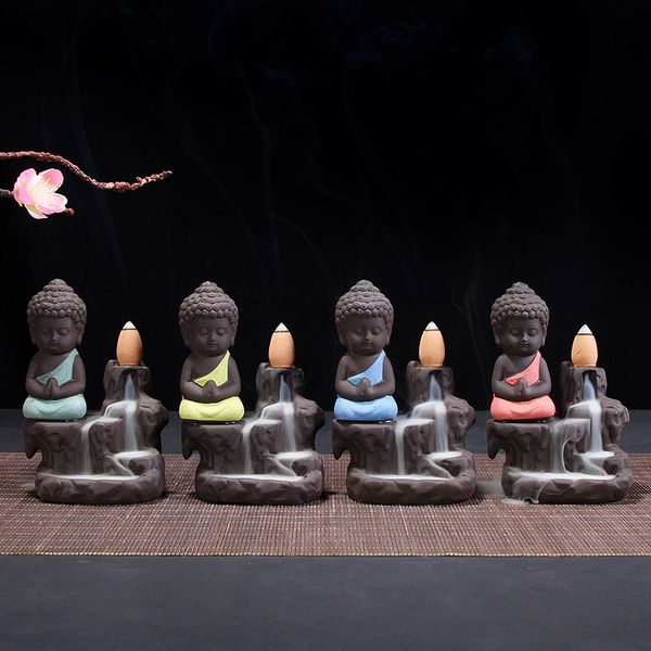 

small buddha backflow incense burner purple sand monk censer mini ceramics originality ornament fragrance mountain water exquisite zhao