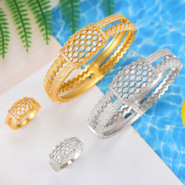 

larrauri luxury cubic zirconia micro pave setting rose flower shaped big bangle rings sets womens accessaries, Silver