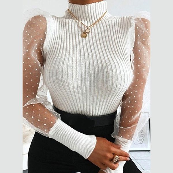 

2020 new ladies women casual turtleneck t-shirt ladies fashion mesh stitching female elegant bubble sleeve, White