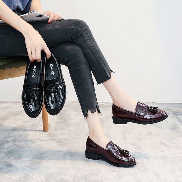 

casual woman shoe female shoes fringe patent leather ballet flats round toe oxfords women's dress tassel retro summer big size, Black