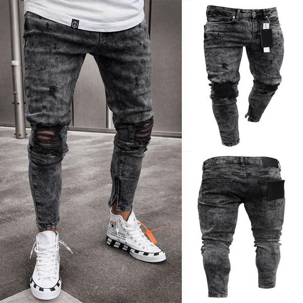 

mens jeans snow grey spark draped washed long pencil pants fashion elastic knee holes zipper jeans, Blue