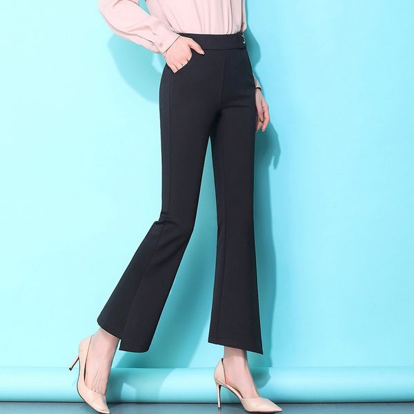 

office women lady work ankle-length flare pants solid high waist plus size woman trousers 2019 spring elegant slim female pants, Black;white
