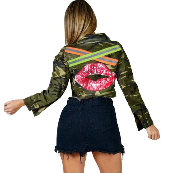 

камуфляж печатный осень повседневная сексуальная губа блестки с длинными рукавами лацкан шеи короткие куртки женская мода пальто женские диз, Black;brown