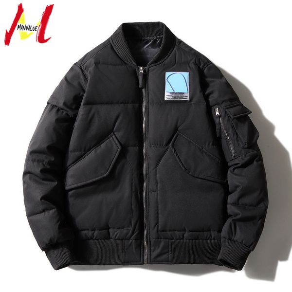 

manvalue down cotton clothes men's winter thickened pilot jackets stand collar patch decorative jacket tide parkas, Black