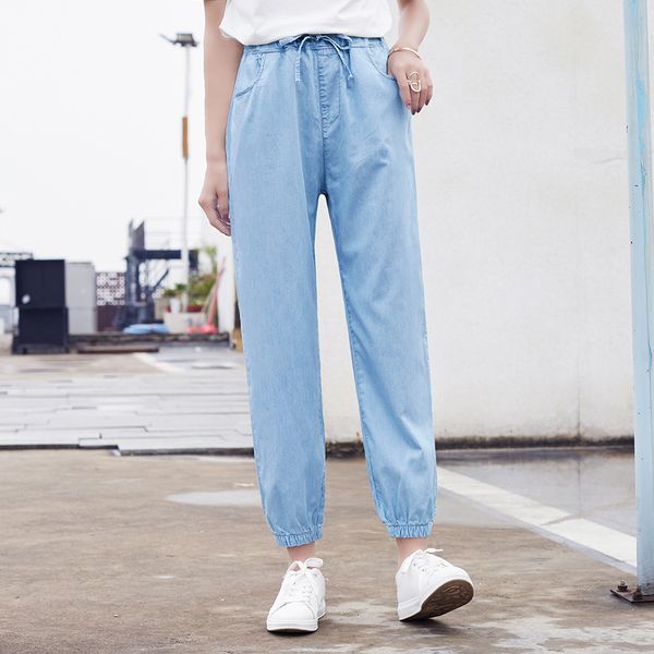 

blue high waist thin tencel denim pants ankle-length loose beam leg jeans trousers harem pants women 2019 new tie waist pant