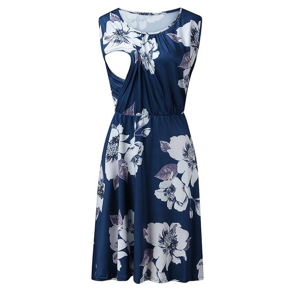 

pregnancy dress women maternity sleeveless floral print a-line ruffle swing nursing dress robe femme enceinte nursing, White