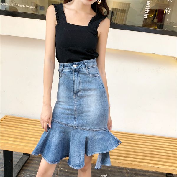 

negash new women high waist package hip denim skirt mermaid him ruffles ladies elegant slim pocket knee-length jeans skirts, Black