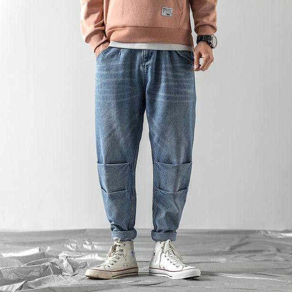 

2019 japanese men's trend haren casual pants cowboy baggy homme classic cargo pocket wash jeans blue biker denim trousers -3xl