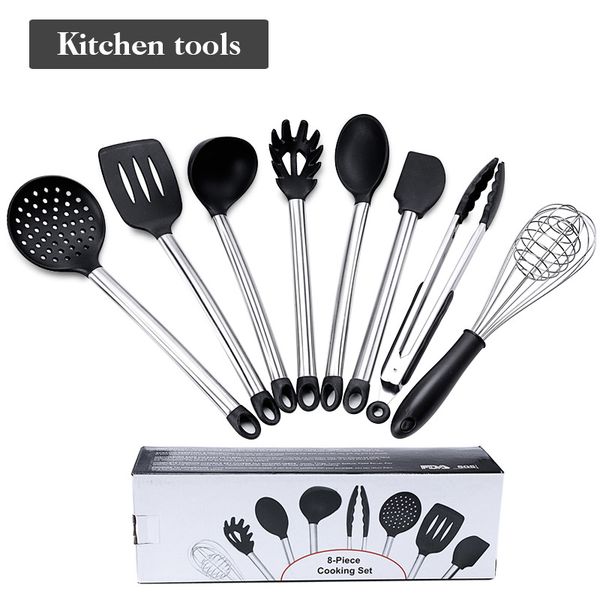 

8pcs stainless steel cookware set silicone cookware egg beater food clip colander soup spoon scraper spatula kitchen cooking tool vt1679