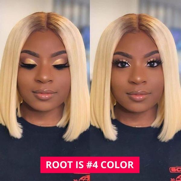 

black roots 613 frontal wig blonde bob wig lace front short human hair wigs brazilian hair 4/613 colored lace west kiss remy, Black;brown