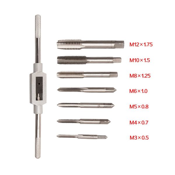 

8pcs/set metric metal hss tap die set m3 m4 m5 m6 m8 m10 m12 screw thread plugs taps with wrench broaching hand tools set
