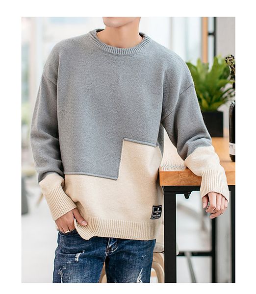

new style in autumn and winter hong kong fashion brand personalized splicing sweater men's round neck warm knit men's wear youth s, White;black