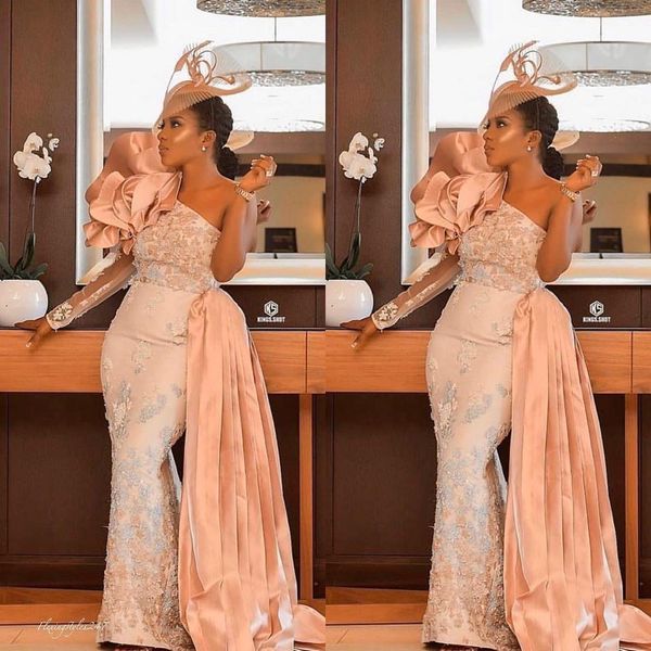 

2020 arabic aso ebi lace beaded mermaid evening dresses long sleeve one shoulder prom dresses formal party second reception gowns, Black;red