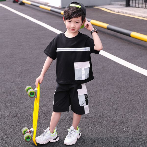 

baby big boys sport suits new summer clothing sets kids 2 pcs patchwork t shirts & short pants clothes suits children outfits t200413, White