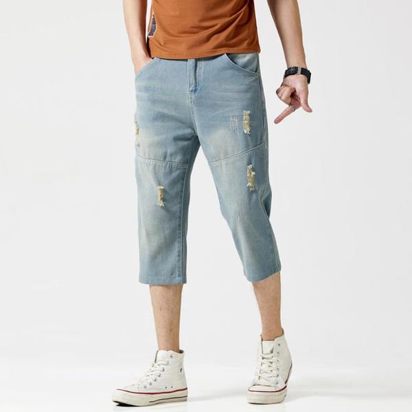 

200 summer new cotton denim shorts men jeans cropped pants pocket knee-length solid blue scratch male short trousers plus size