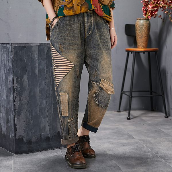 

women's jeans boyfriends new spring loose stripe patckwork pockets rolled up cuff high street full length pants women jeans 2019, Blue