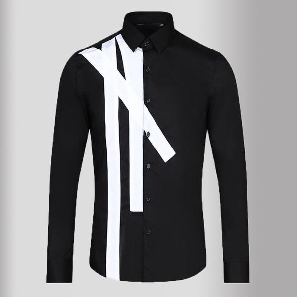 

men's casual shirts minglu patch splicing mens long sleeve black white dress slim fit party male 3xl, White;black