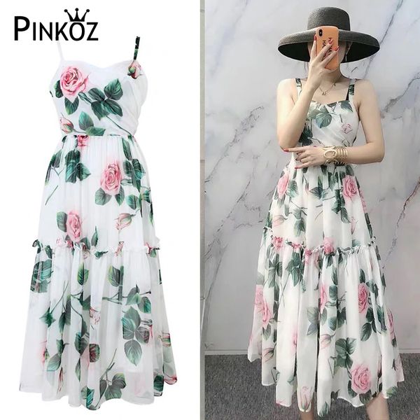 

pinkoz sundress vintage rose flower printed ruched patchwork a-line midi spaghetti strap dress party beach holidya dresses robe, Black;gray