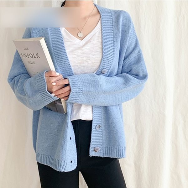 

women light blue sweater cardigan v neck single breasted loose warm knitted coat spring fashion femme elegant korean top, White