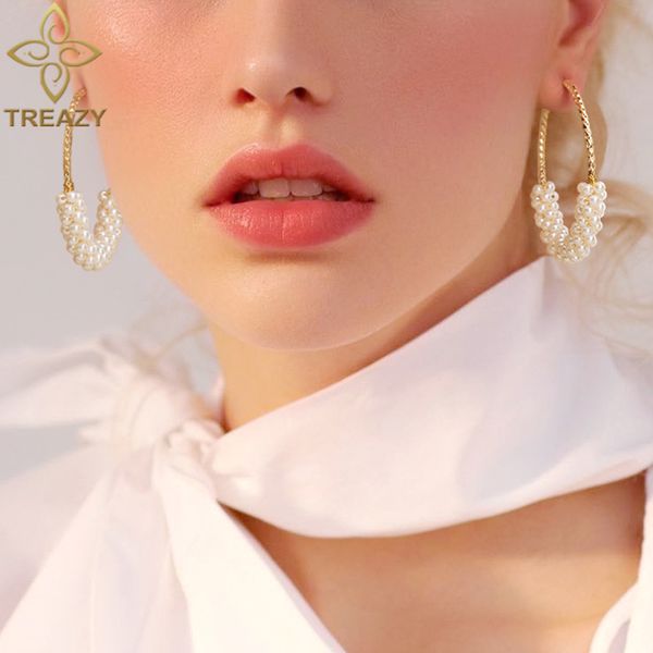 

treazy fashion pearl beads statement hoop earrings for women bridal round circle earings 2020 wedding prom jewelry femme brincos, Golden;silver