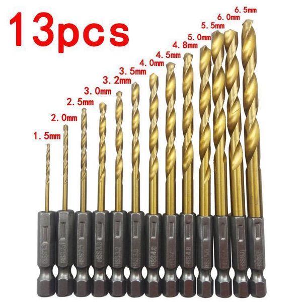 

sell 13psc lot hss high speed steel titanium coated drill bit set 1 4 hex shank 1.5-6.5mm twist drill bit