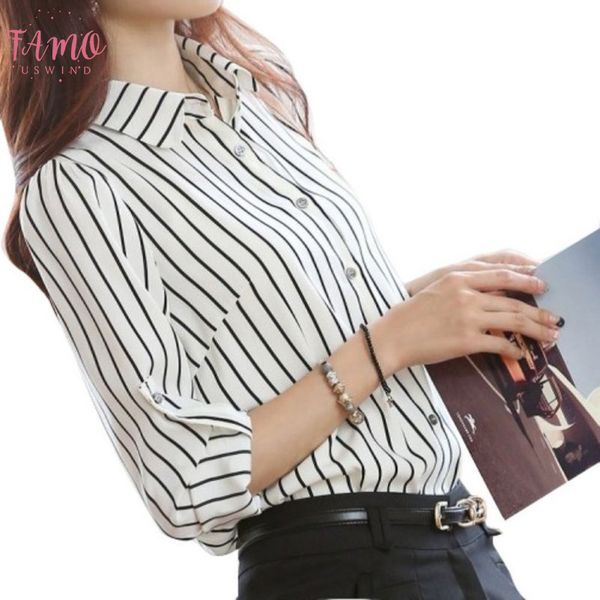 

spring autumn women stripped casual office chiffon and blouses plus size striated long sleeve ol style women shirt, White