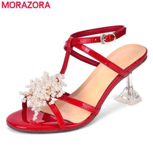 

morazora big size 34-43 genuine leather sandals women crystal high heels party wedding shoes beads summer ladies shoes, Black