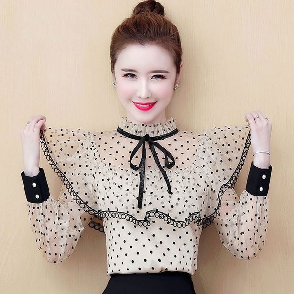 

2020 new spring autumn women vintage polka dot stand collar chiffon blouse female lace tie bow long lantern sleeve shirt x86, White