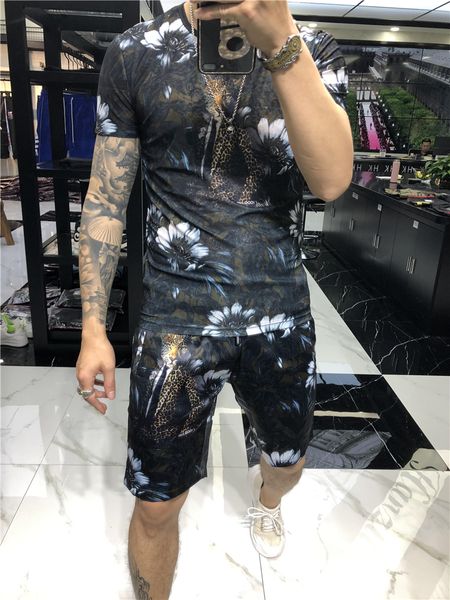 

summer 2019 men's handsome suit tide short sleeve ice silk t-shirt summer korean leopard printed leisure two-piece tide suit, Gray