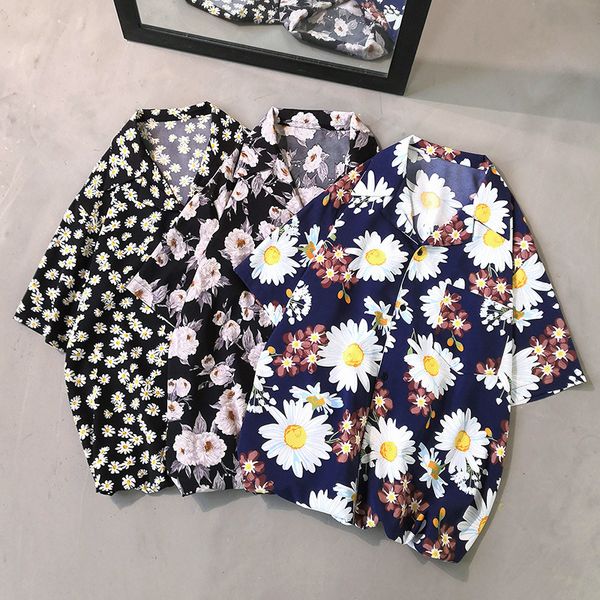 

mens summer beach hawaiian shirts palm flowers print short sleeve oversize shirt men dress casual button up v-neck camisa hombre, White;black
