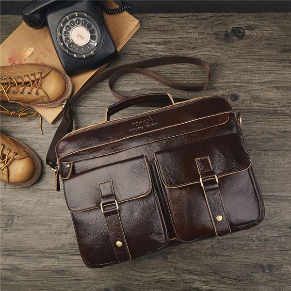 

leather bag men tote multilayer zipper handbags hasp cowhide briefcase shoulder handle bags travel messenger bag bolsa feminina
