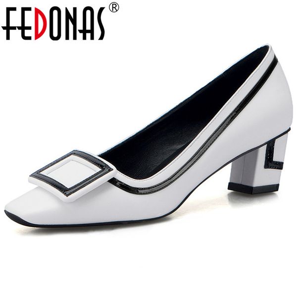 

fedonas elegant women high heels spring summer office pumps genuine leather square toe party wedding shoes woman basic pumps, Black