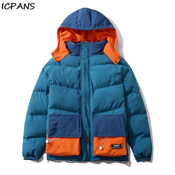 

icpans mens parkas color block patchwork pockets hooded parkas streetwear casual cotton padded jackets hip hop thick coats, Black
