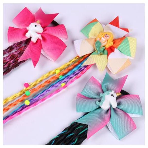 New Arrival Girls Unicorn Wigs Hair Ties Kids Rainbow Bow Hairband
